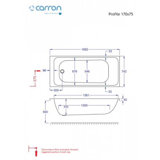 Μπανιέρα Ευθύγραμμη Carron Profile Carronite 464C 170x75 Μπανιέρα Ευθύγραμμη Carron Profile Carronite 464C 170x75
